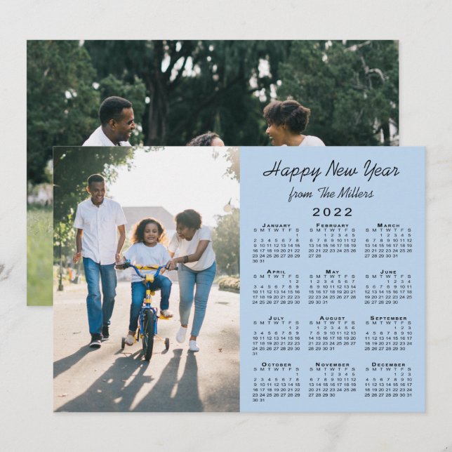 Cartes Pour Fêtes Annuelles 2022 Calendrier Bleu clair 2 Photo Bonne année (Devant / Derrière)