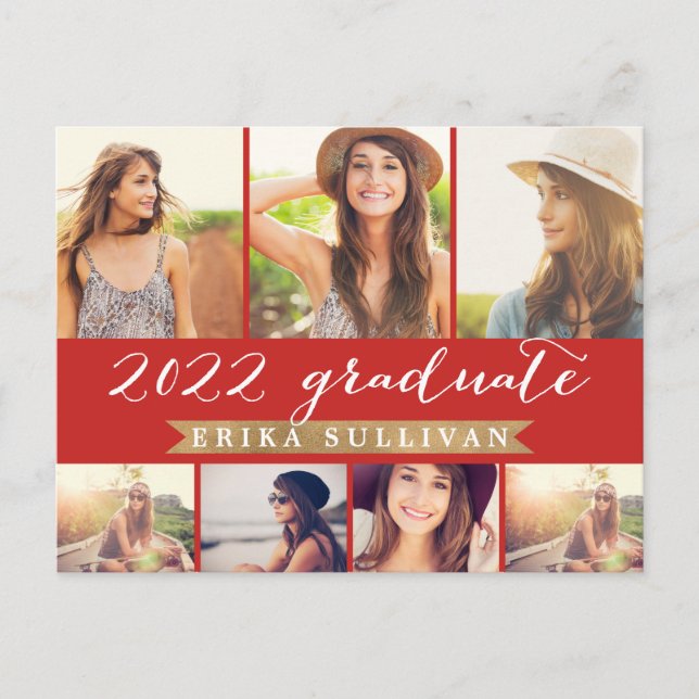 Cartes Pour Fêtes Annuelles 2022 Graduation Script Multi Photo Collage Rouge (Devant)