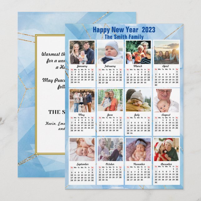 Cartes Pour Fêtes Annuelles 2023 Calendrier Famille moderne 12 Photo Blue Gold (Devant / Derrière)