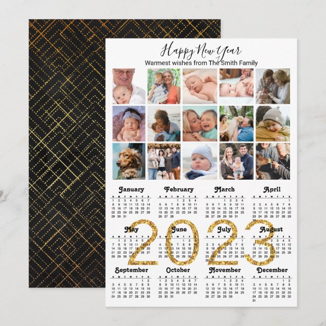 Cartes Pour Fêtes Annuelles 2023 Gold Script Calendrier photo Collage moderne (Devant / Derrière)