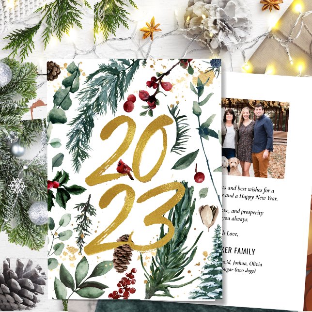 Cartes Pour Fêtes Annuelles 2023 Pine Festive Bough Gold Script photo (Créateur téléchargé)