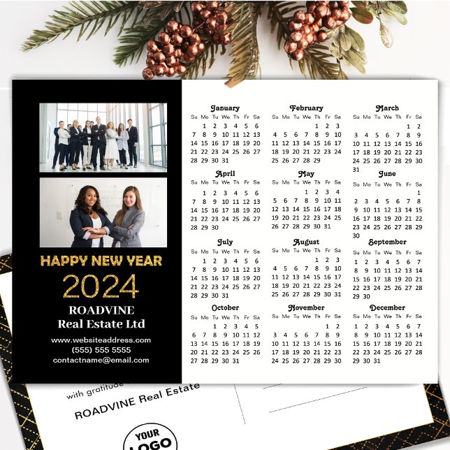 Cartes Pour Fêtes Annuelles 2024 Business 2 Photo Modern Gold Black Calendrier (Créateur téléchargé)