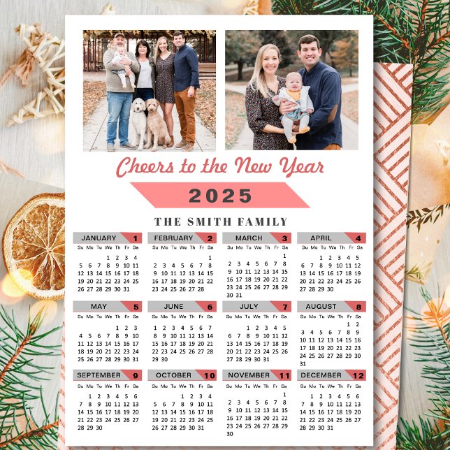 Cartes Pour Fêtes Annuelles 2025 Calendrier Famille Photo Rose Parties scintil (Créateur téléchargé)