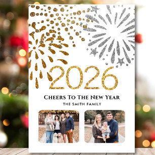 Cartes Pour Fêtes Annuelles 2025 Fête Festive Fireworks Gold Family Photo