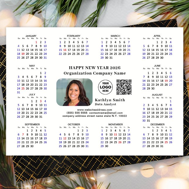 Cartes Pour Fêtes Annuelles 2026 Calendrier Business Logo QR Modern Black Simp (Créateur téléchargé)