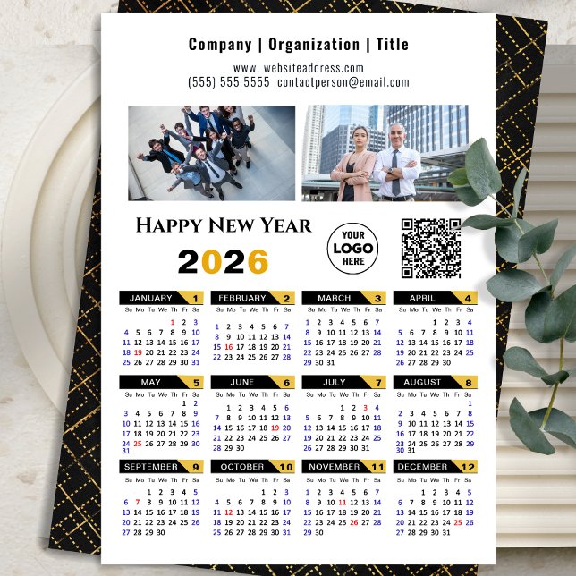 Cartes Pour Fêtes Annuelles 2026 Calendrier Business Photo Logo QR Modern Blac (Créateur téléchargé)