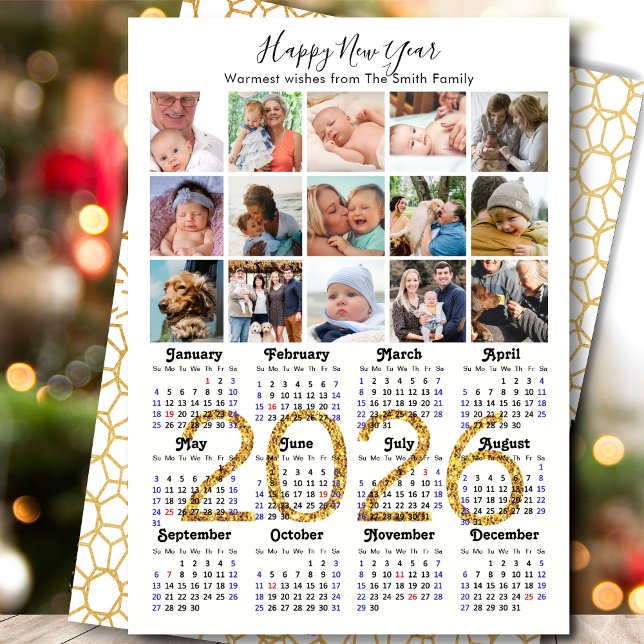 Cartes Pour Fêtes Annuelles 2026 Calendrier Famille 15 Photo Collage Gold Part (Créateur téléchargé)