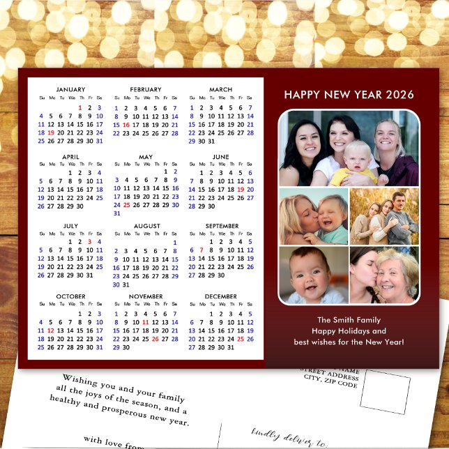 Cartes Pour Fêtes Annuelles 2026 Calendrier Famille 5 Photo Moderne Rouge Mini (Créateur téléchargé)