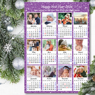 Cartes Pour Fêtes Annuelles 2026 Calendrier Famille Moderne Photo Festive Purp
