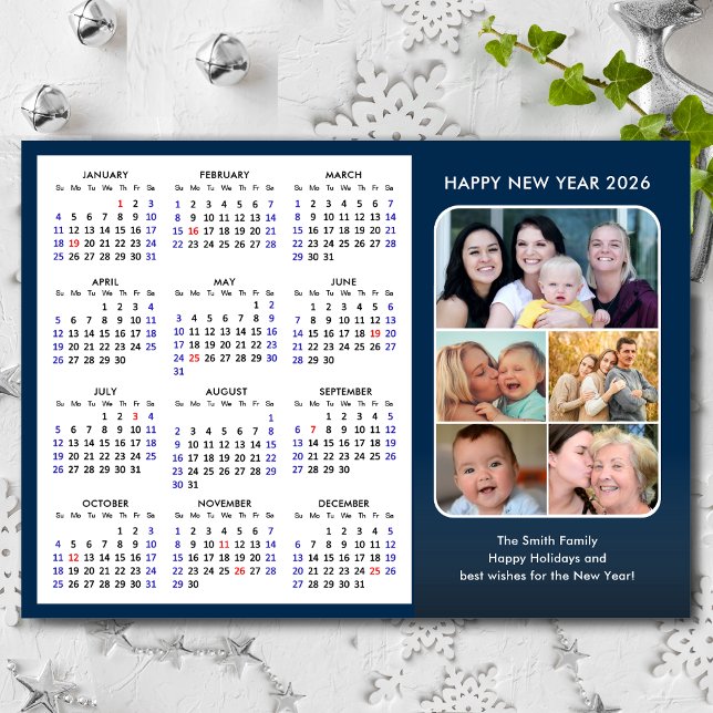 Cartes Pour Fêtes Annuelles 2026 Calendrier Famille Photo Bleu Moderne Minimal (Créateur téléchargé)