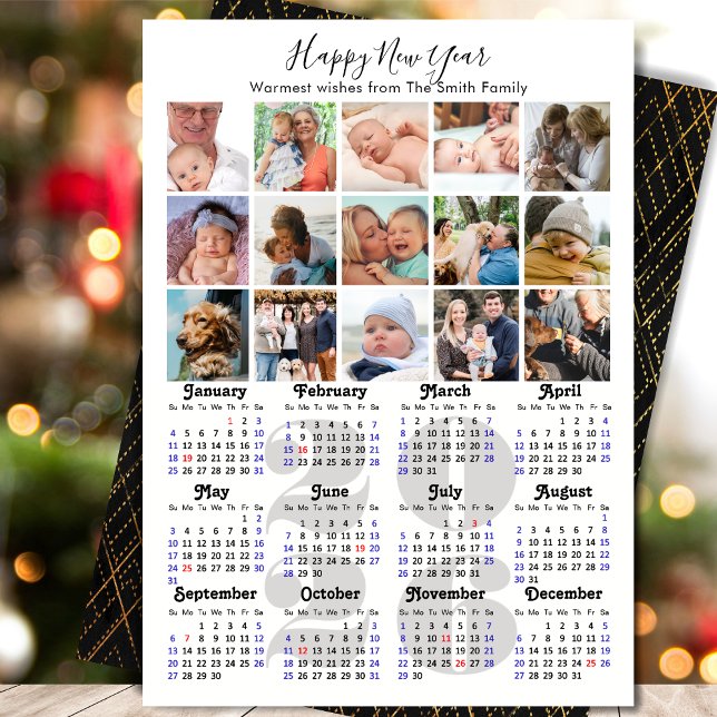 Cartes Pour Fêtes Annuelles 2026 Calendrier Famille Photo Collage Élégant Scri (Créateur téléchargé)