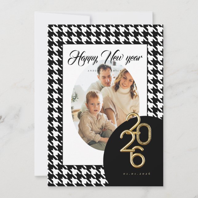 Cartes Pour Fêtes Annuelles 2026 Happy New Year Classic Houndstooth One Photo (Devant)