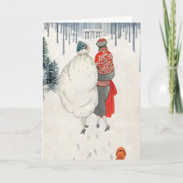 Cartes Pour Fêtes Annuelles 2 femmes Art déco marchant dans la neige 1923 Vaca