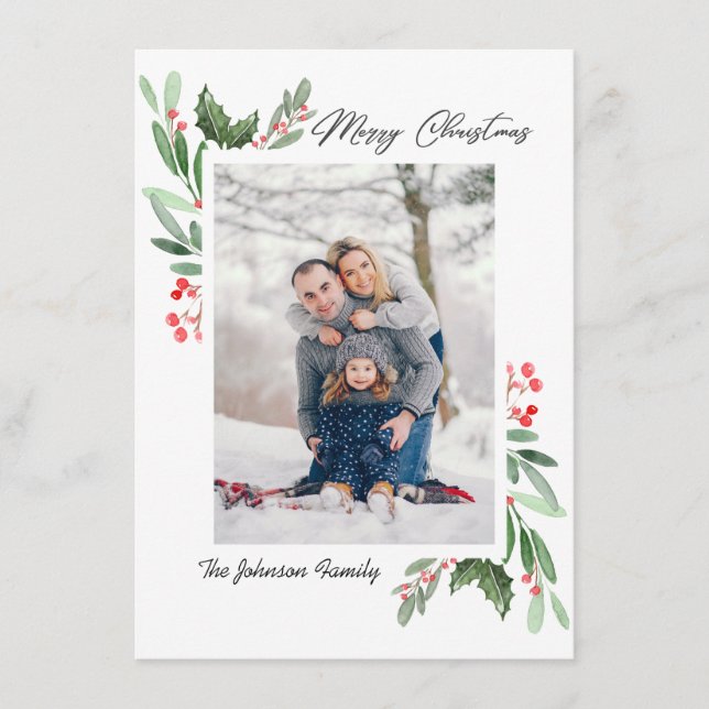 Cartes Pour Fêtes Annuelles 2 PHOTO Aquarelle Mistletoe Holly Berry Noël (Devant)