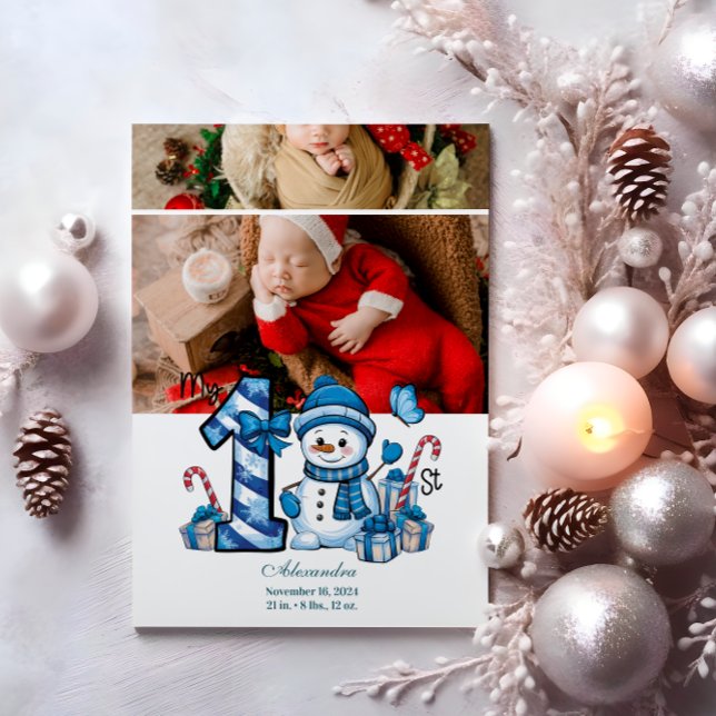 Cartes Pour Fêtes Annuelles 2 Photo Blue Snowman Premier Noël (Créateur téléchargé)