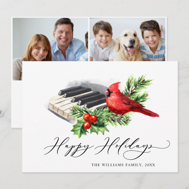 Cartes Pour Fêtes Annuelles 2 PHOTO Cardinal Rouge Holly Berry Noël (Devant / Derrière)