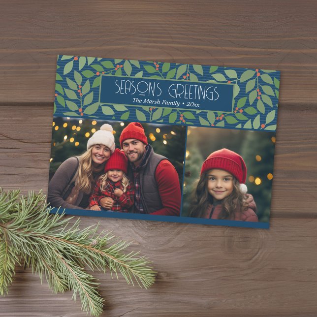 Cartes Pour Fêtes Annuelles 2 Photo Collage Bonnes Fêtes botaniques Marine (2 Photo Modern Christmas Card - art deco botanical blue background - download option available)
