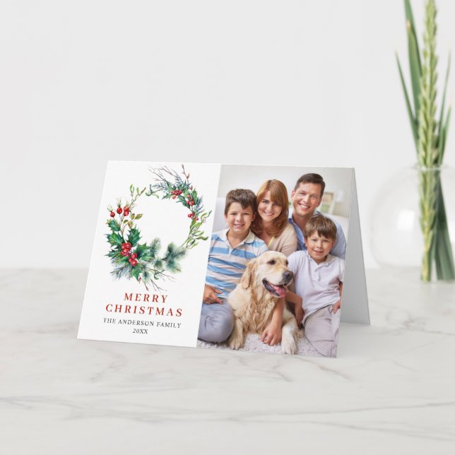 Cartes Pour Fêtes Annuelles 2 PHOTO Holly Berry Wreath voeux de Noël (Devant)