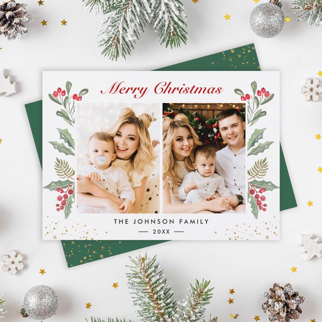 Cartes Pour Fêtes Annuelles 2 Photo Joyeux Noël Holly Berries Vert (Créateur téléchargé)