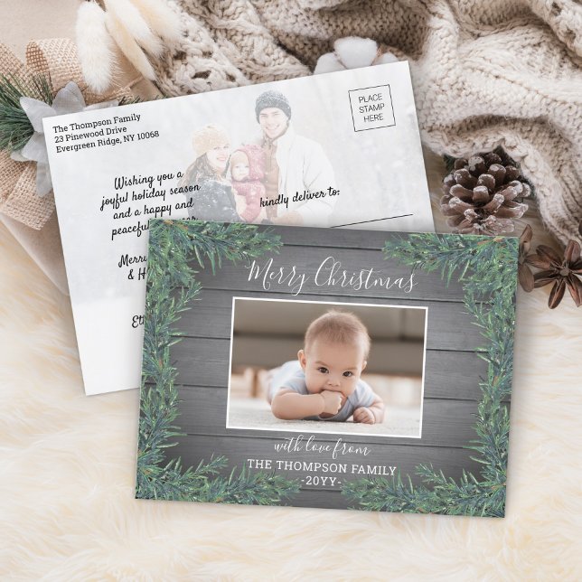 Cartes Pour Fêtes Annuelles 2 Photo Noël Vert et gris rustique Bois (Créateur téléchargé)