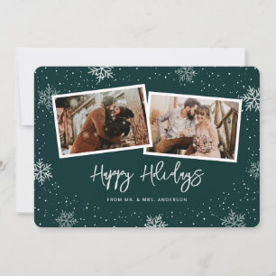 Cartes Pour Fêtes Annuelles 2 Photo Nouvellement Mariés Flocon de Neige Vert