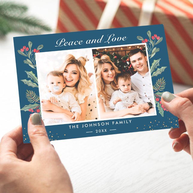 Cartes Pour Fêtes Annuelles 2 Photo Peace and Love Berries Fleurs Noël (Créateur téléchargé)