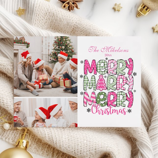 Cartes Pour Fêtes Annuelles 2 Photo Pink Green Joyeux Noël (Créateur téléchargé)