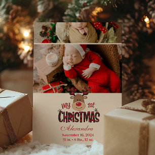 Cartes Pour Fêtes Annuelles 2 Photo Plaid Reindeer Baby First Christmas