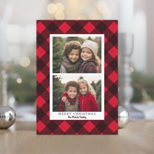 Cartes Pour Fêtes Annuelles 2 Photo Red Black Buffalo plaid - Joyeux Noël (Photo Christmas Card)