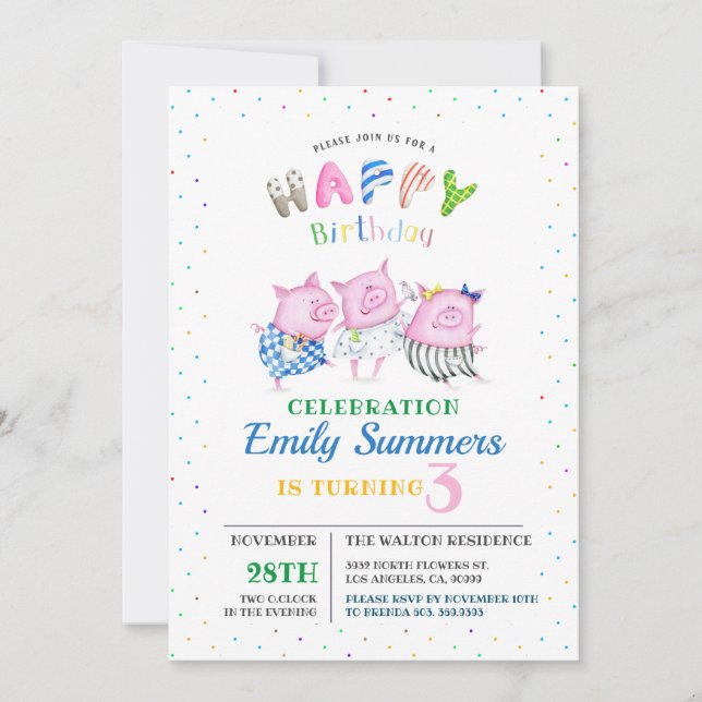 Cartes Pour Fêtes Annuelles 3 petits cochons de bébé Joyeux anniversaire jolie (Devant)