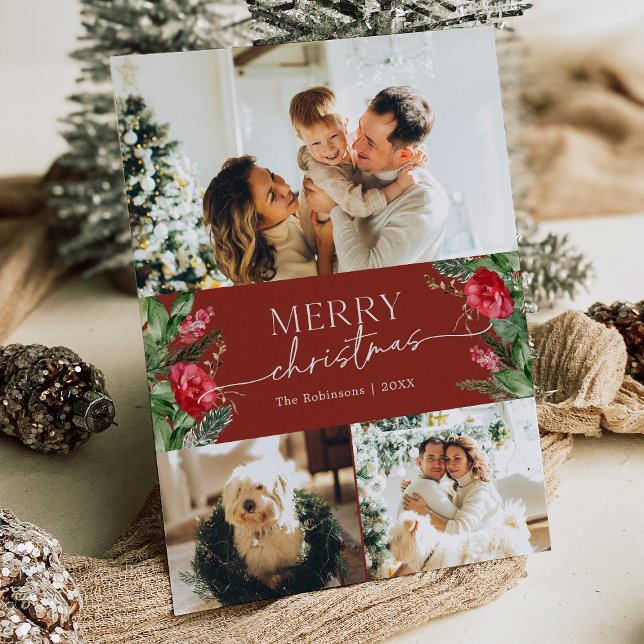 Cartes Pour Fêtes Annuelles 3 Photo Burgundy Red Elegant Joyeux Noël (Créateur téléchargé)