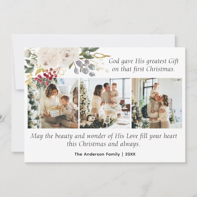 Cartes Pour Fêtes Annuelles 3 Photo Christian Bible Verse Floral Noël (Devant)