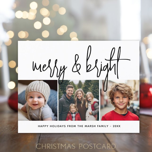 Cartes Pour Fêtes Annuelles 3 Photo Collage de Noël - Joyeux et lumineux - (Online Christmas Card Template for a postcard with  3 photos)