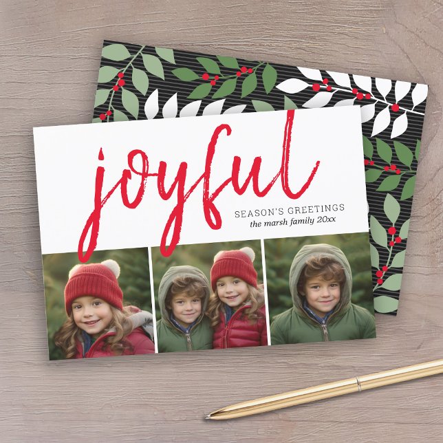 Cartes Pour Fêtes Annuelles 3 Photo Collage - Joyful Bonnes Fêtes Black (3 Photos with a joyful greeting and botanical pattern.)