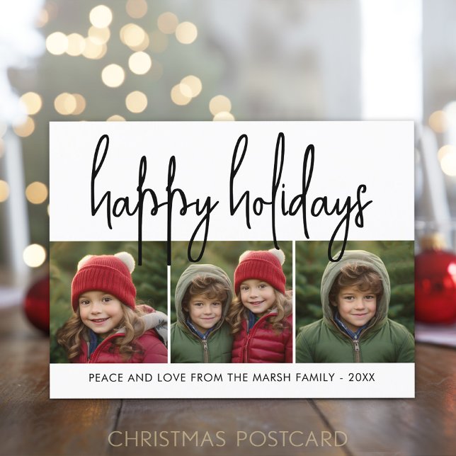 Cartes Pour Fêtes Annuelles 3 Photo Collage Mod Script noir blanc - Happy (Holiday Photo Postcard)