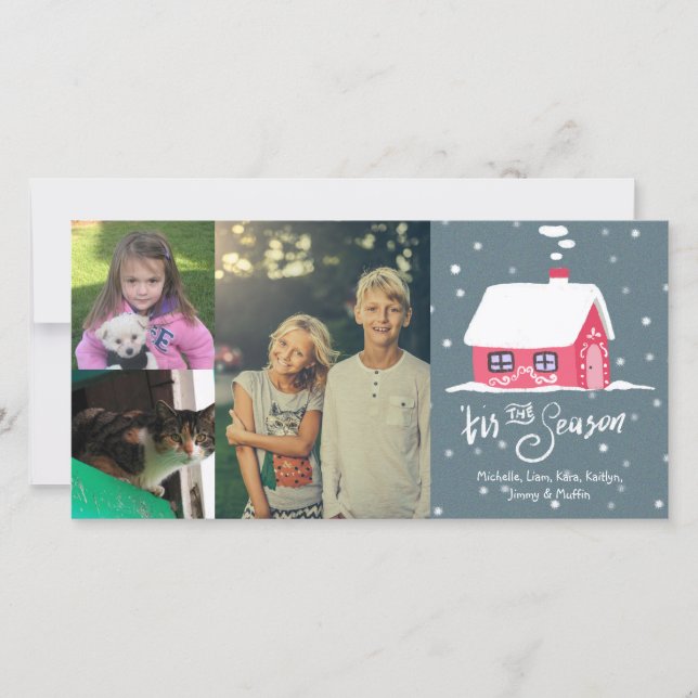 Cartes Pour Fêtes Annuelles 3 Photo Collage personnalisé Nom Snowy House Noël (Devant)