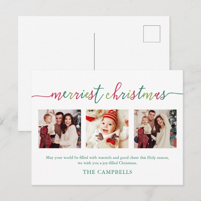 Cartes Pour Fêtes Annuelles 3 Photo Collage Script moderne "Joyeux Noël (Devant / Derrière)