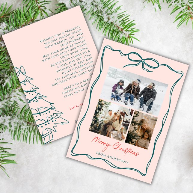 Cartes Pour Fêtes Annuelles 3 Photo Collage Wavy Doodle Frame Bow Christmas (Créateur téléchargé)
