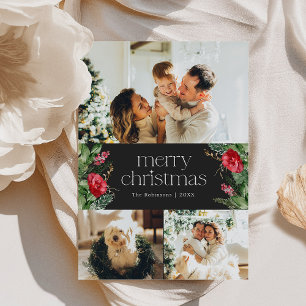 Cartes Pour Fêtes Annuelles 3 Photo Dark Winter Botanical Merry Christmas Card