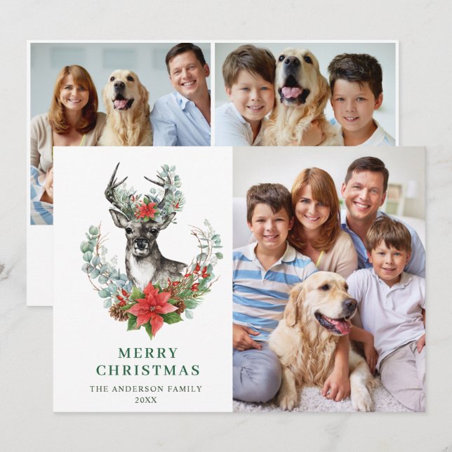 Cartes Pour Fêtes Annuelles 3 PHOTO Élégant Noël Cerf Poinsettia Salutation (Devant / Derrière)