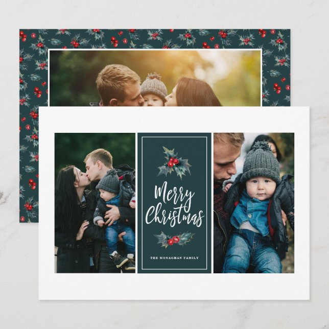 Cartes Pour Fêtes Annuelles 3 Photo Elegant Peint Holly | Vert Noël (Devant / Derrière)