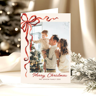 Cartes Pour Fêtes Annuelles 3 Photo Festif Noël Boho Red Bow Ribbon