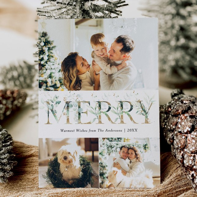 Cartes Pour Fêtes Annuelles 3 Photo Gold & Greenery Joyeux Noël (Créateur téléchargé)
