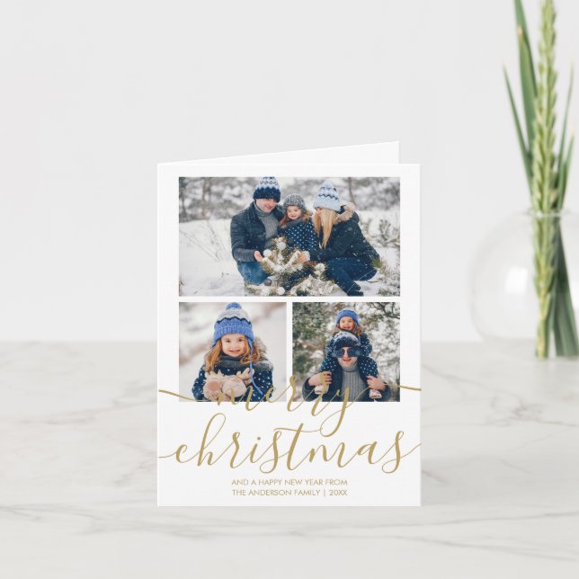 Cartes Pour Fêtes Annuelles 3 Photo Gold Script Joyeux Noël (Devant)