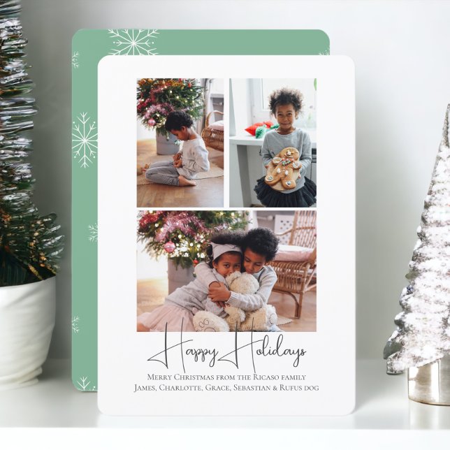 Cartes Pour Fêtes Annuelles 3 Photo Joyeuses Fêtes de Noël (3 Photo Happy Holidays Christmas Holiday Cards from Ricaso. Snowflake green and white pattern )