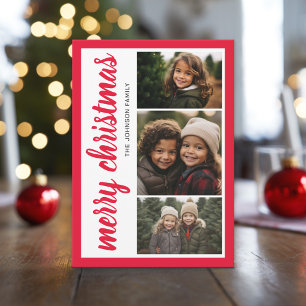Cartes Pour Fêtes Annuelles 3 Photo Joyeux Noël Bordure rouge - Calligraphie