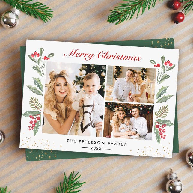 Cartes Pour Fêtes Annuelles 3 Photo Joyeux Noël Holly Berry Gold Confetti (Créateur téléchargé)