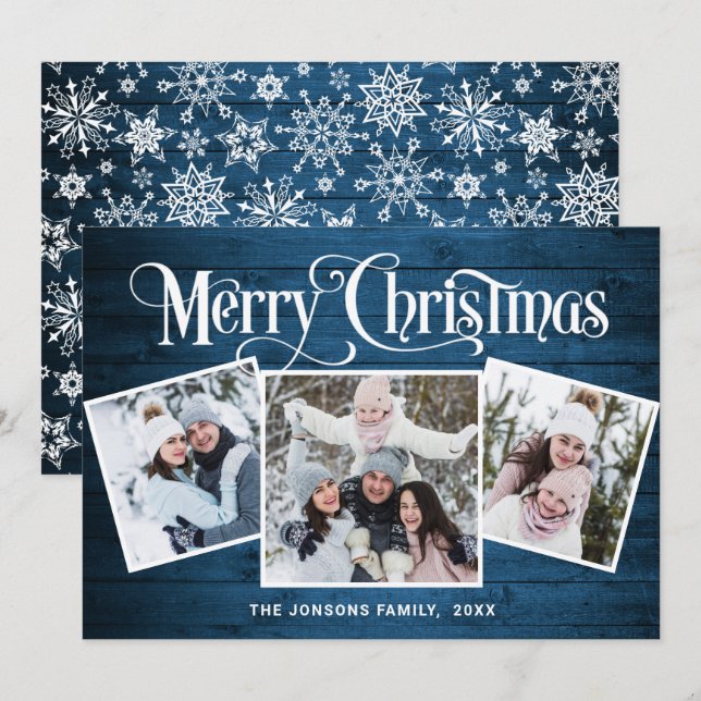 Cartes Pour Fêtes Annuelles 3 PHOTO Noël Rustique Bleu Bois Salutation (Devant / Derrière)