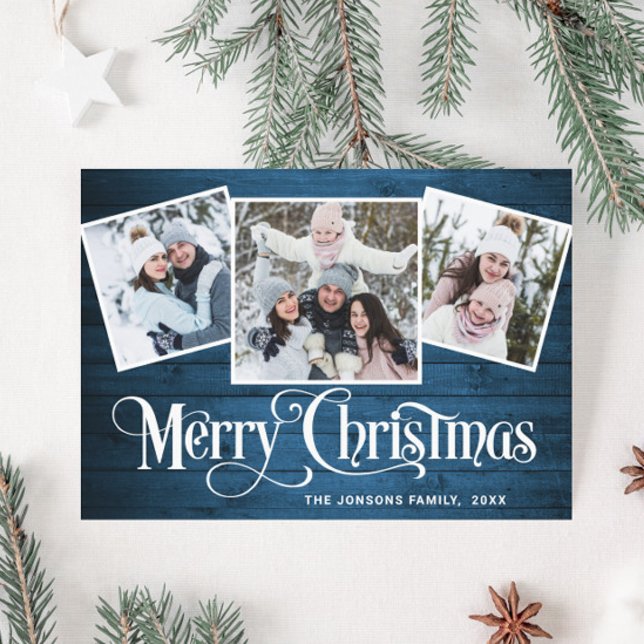 Cartes Pour Fêtes Annuelles 3 PHOTO Noël Rustique Bleu Bois Salutation (Créateur téléchargé)