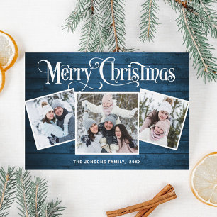 Cartes Pour Fêtes Annuelles 3 PHOTO Noël Rustique Bleu Bois Salutation
